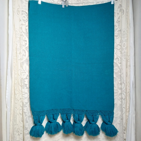 Vintage Handwoven Blanket Shawl Teal Blue Green Large Tassels 27" × 42" - Picture 3 of 7